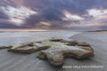 Wet tide flat reflecting pastel dawn cloud with scattered rocks, Florida coast
