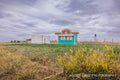 A turquoise roadside snack shack on the Colorado plains with a water tower behind and yellow clover in the foreground