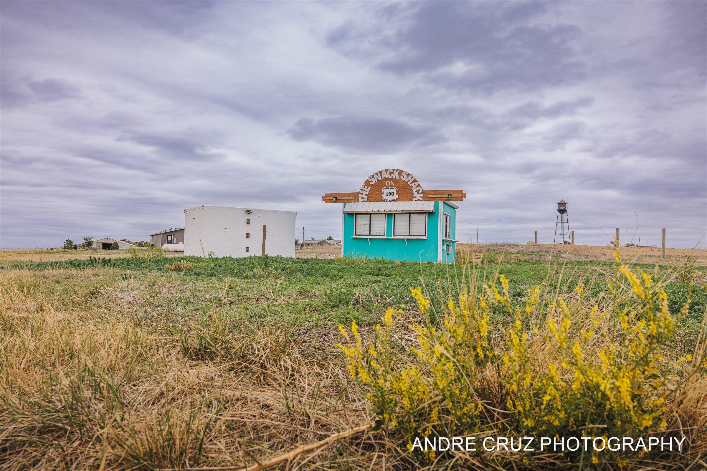 A turquoise roadside snack shack on the Colorado plains with a water tower behind and yellow clover in the foreground